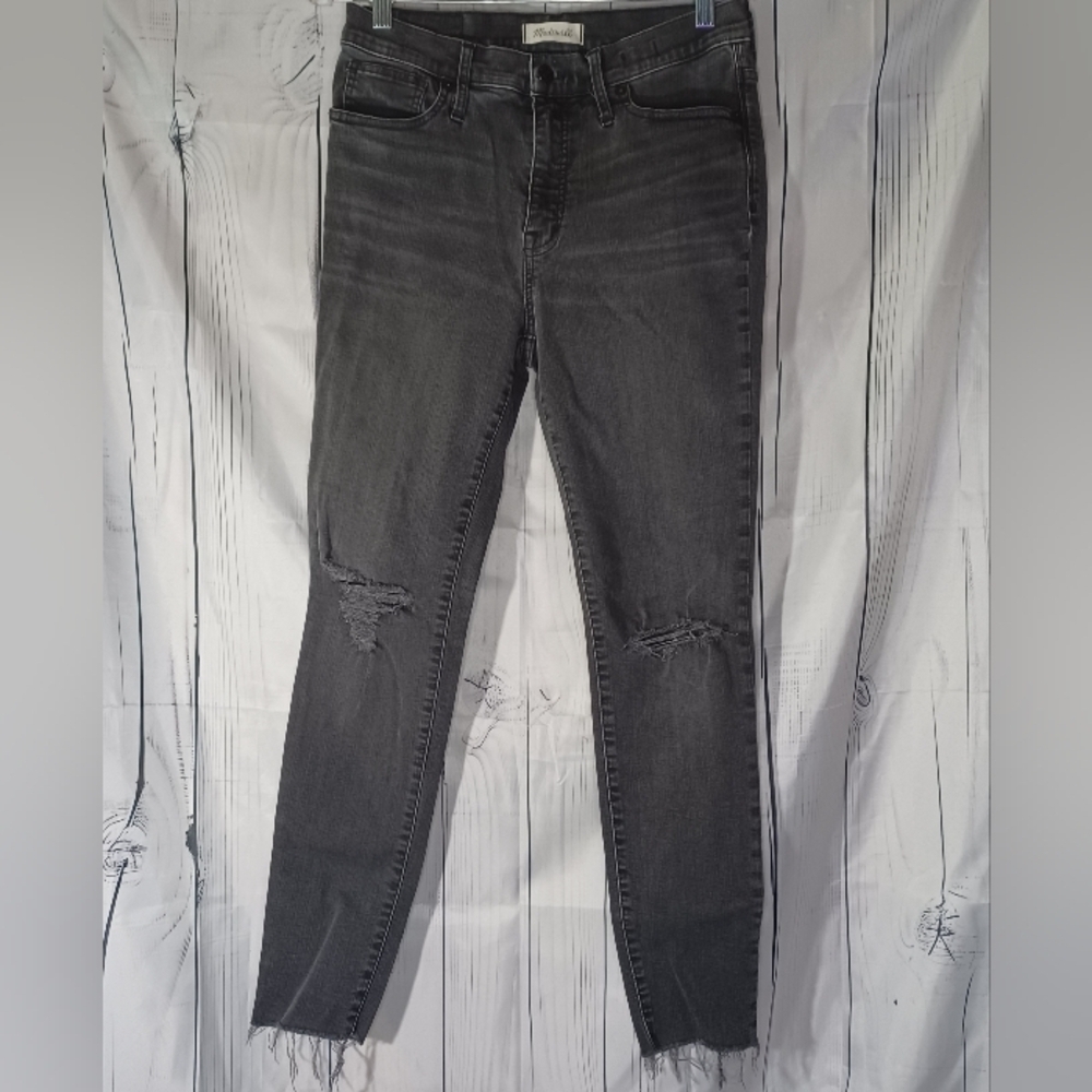Madewell 9” Mid-Rise Skinny Distressed Black Denim Jeans Raw Hem Womens 30